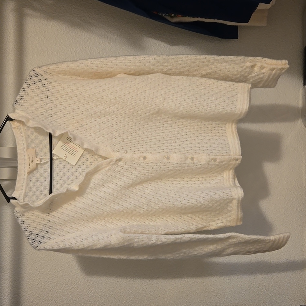 Sezane Saphia Wool/ Kid Mohair Delicate Fancy Openwork Knit White Cardigan - Picture 8 of 14